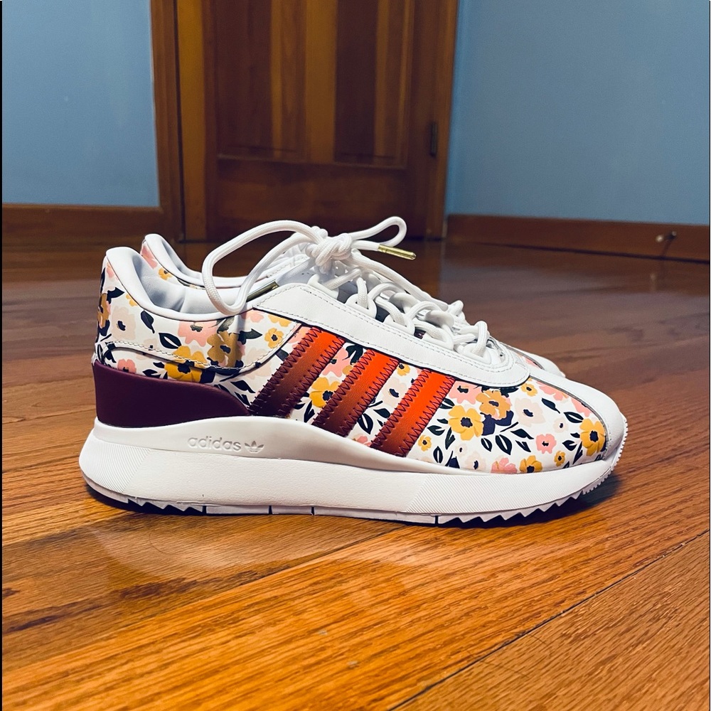 adidas Women's White Sneakers with Floral Print and Orange Stripes - Picture 3 of 12